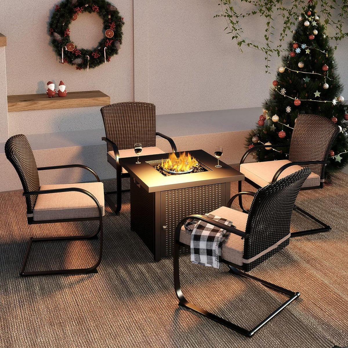 LOUNGE YARD 5-Piece Outdoor Dining Table Set with Fire Pit, 4 Outdoor Spring Dining Chairs — product view 4