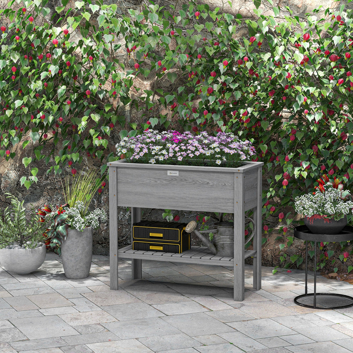 Wooden Raised Garden Bed with Storage Shelf and Drainage Holes, Grey — product view 4