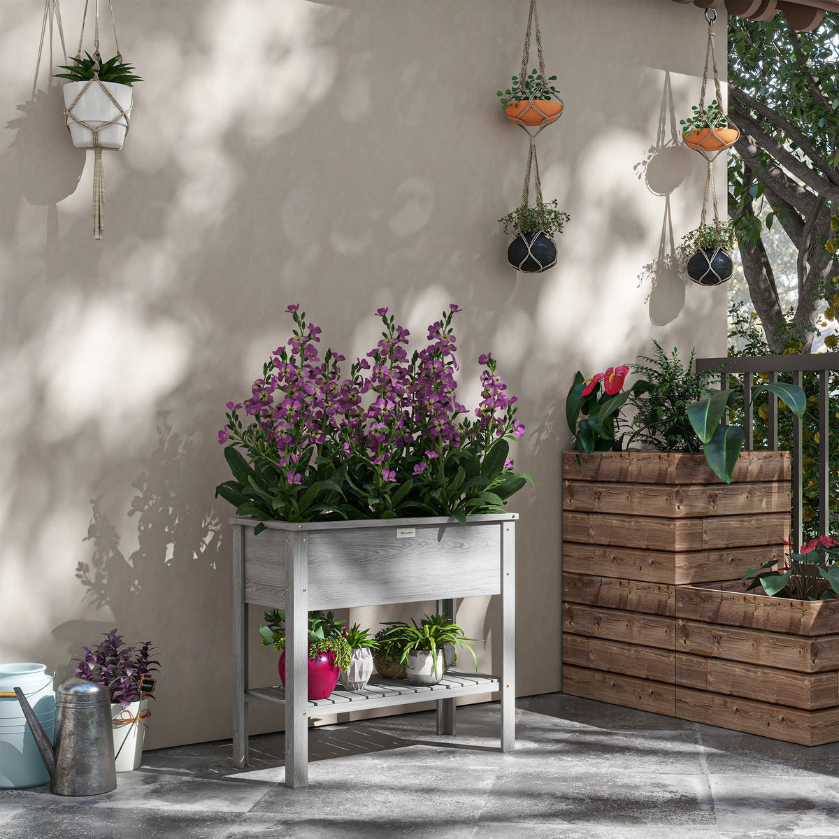 Wooden Raised Garden Bed with Storage Shelf and Drainage Holes, Grey — product view 3