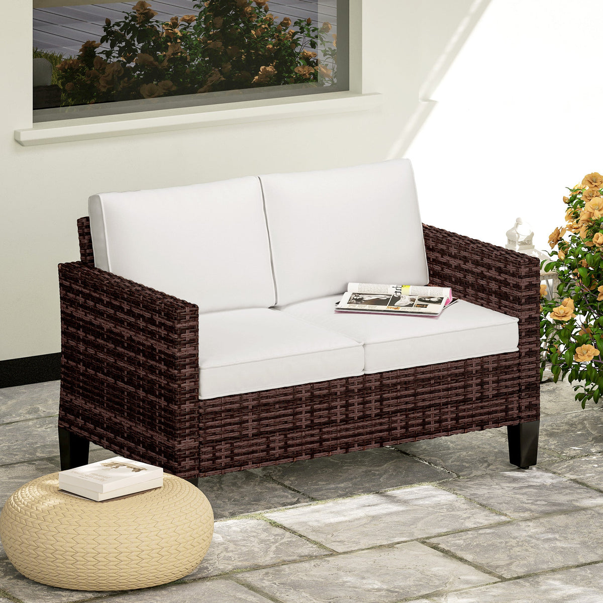 2 Seater Rattan Garden Sofa with Cushions & Armrests, Brown — product view 3