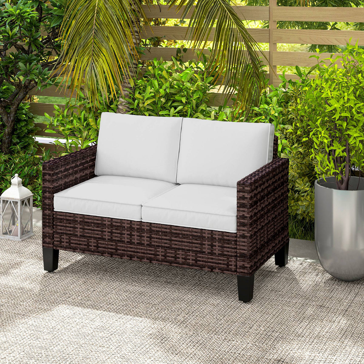 2 Seater Rattan Garden Sofa with Cushions & Armrests, Brown — product view 4