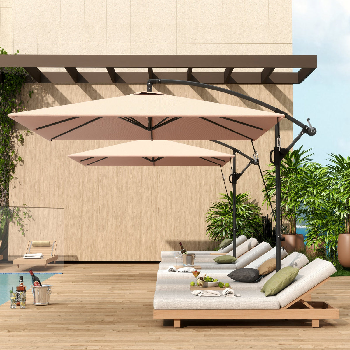Offset Patio Umbrella with Base, Cover and Tilt Function, Khaki — product view 3