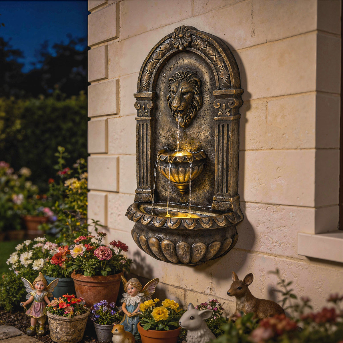 31" Wall-Mounted 3-Tier Fountain with LED Lights, Rustic Brown — product view 3