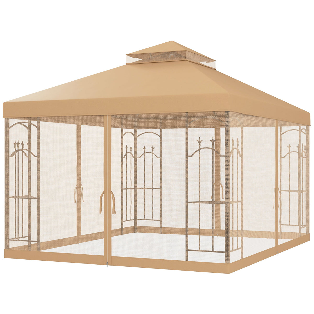 10' x 12' Patio Gazebo with Corner Shelves and Netting, Brown — product view 2