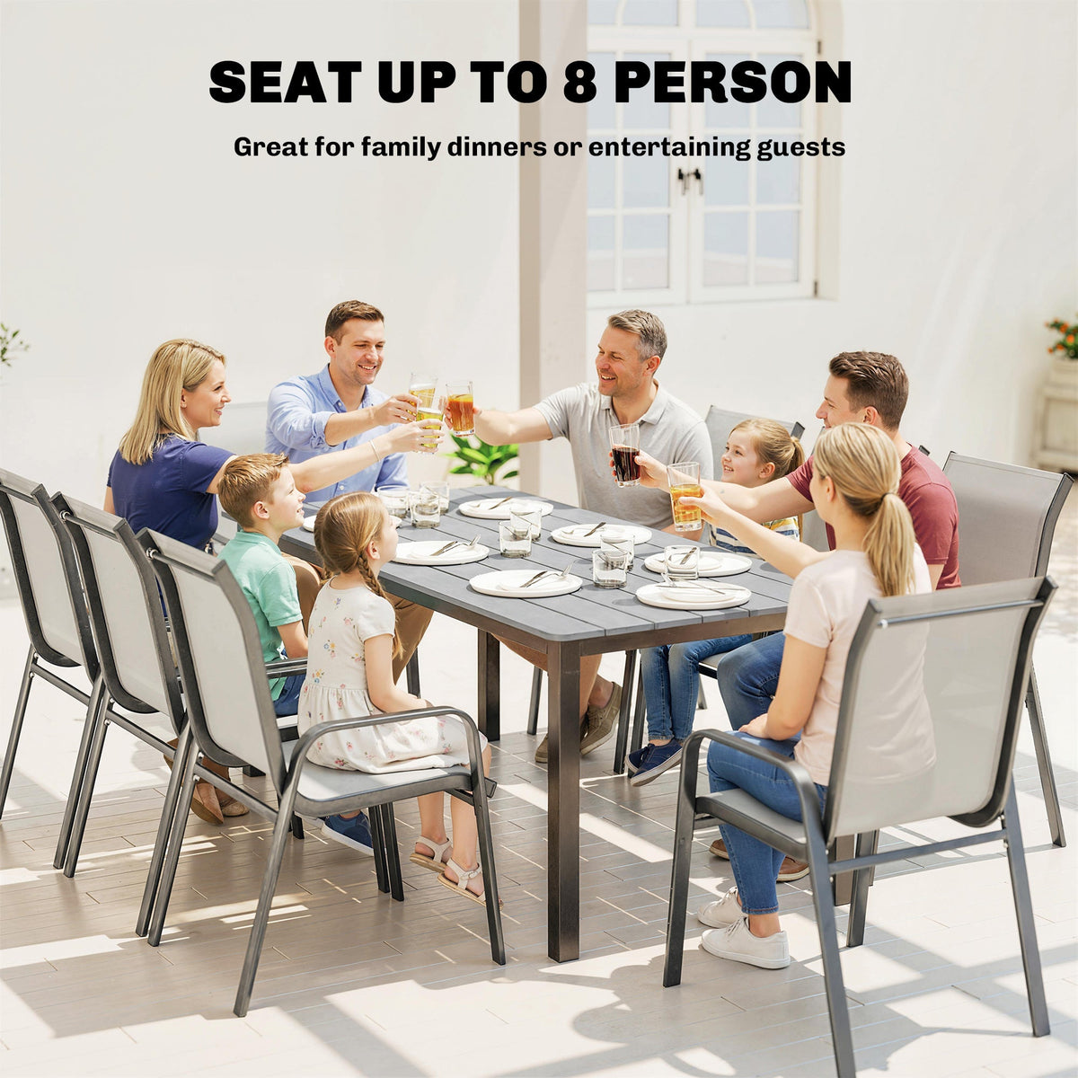 180 x 86 cm Garden Dining Table for 6-8 with Wood Slatted Top, Grey — product view 6