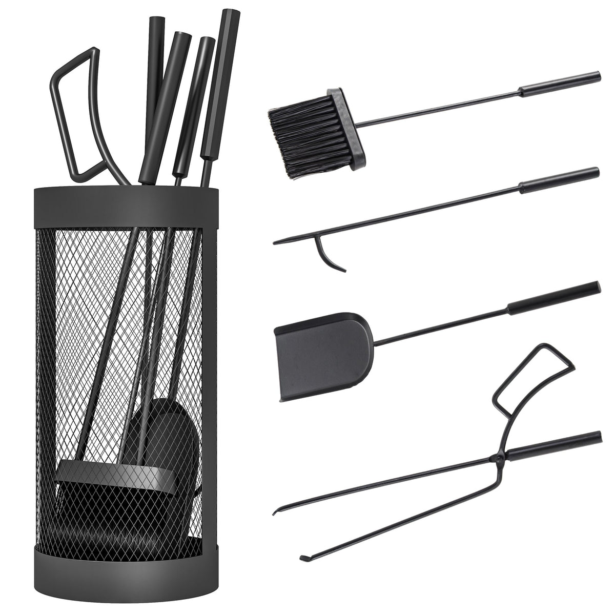 5-Piece Metal Fireplace Tool Set with Brush, Shovel, Poker, Tongs & Mesh Basket, Black — product view 2