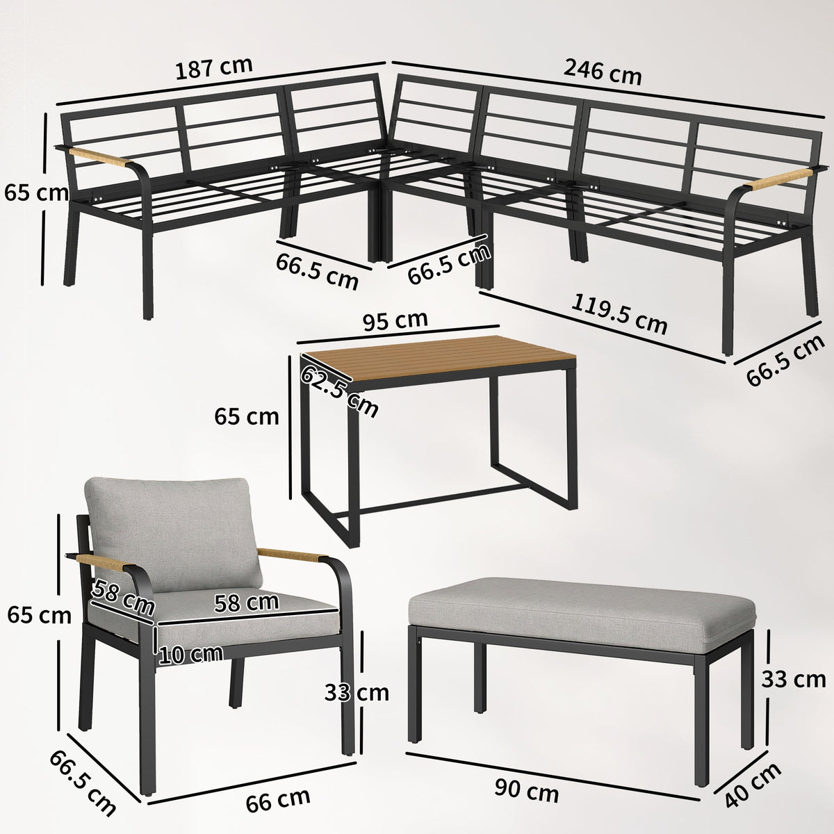 7 Seater Garden Furniture Set with Faux Wood Table, Light Grey — product view 5