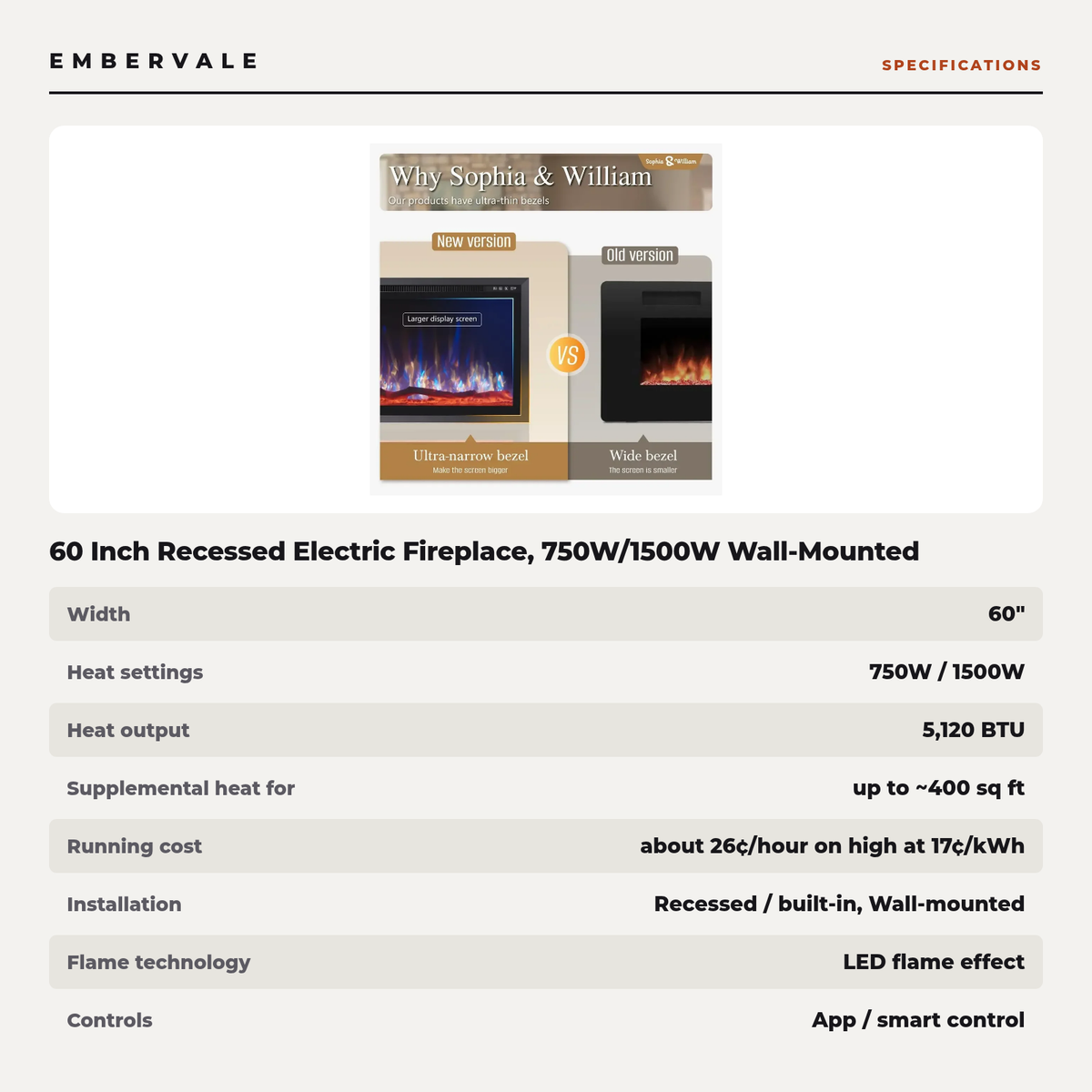 60 Inch Recessed Electric Fireplace, 750W/1500W Wall-Mounted Linear Fireplace with Smart Heat & Adjustable Flame — product view 4