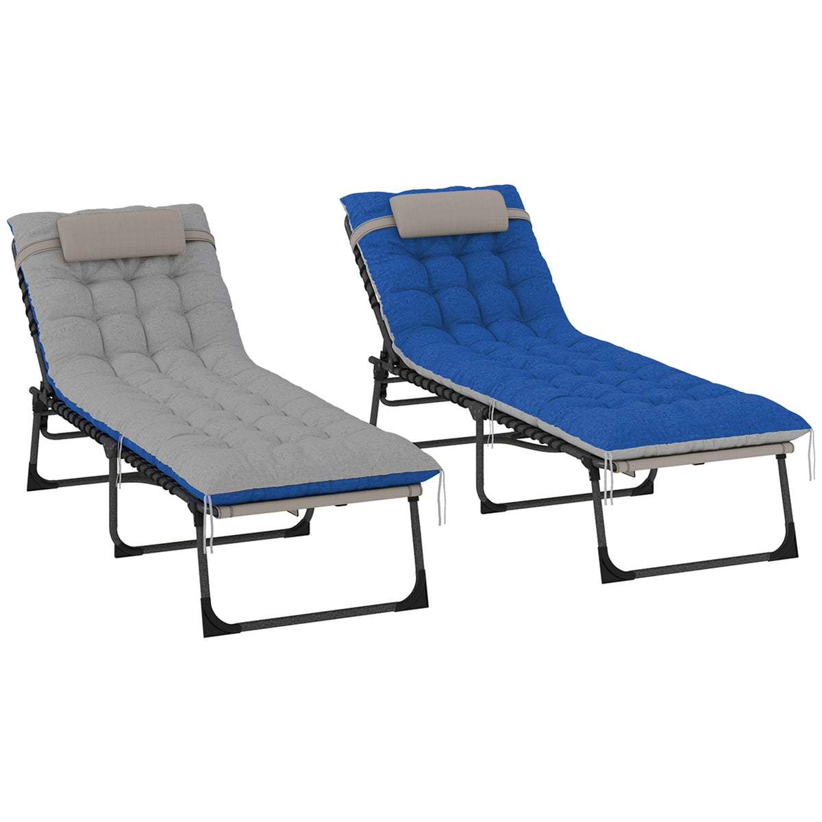 Set of 2 Folding Lounge Chairs with Cushion and Side Pocket, Brown/Blue — product view 2