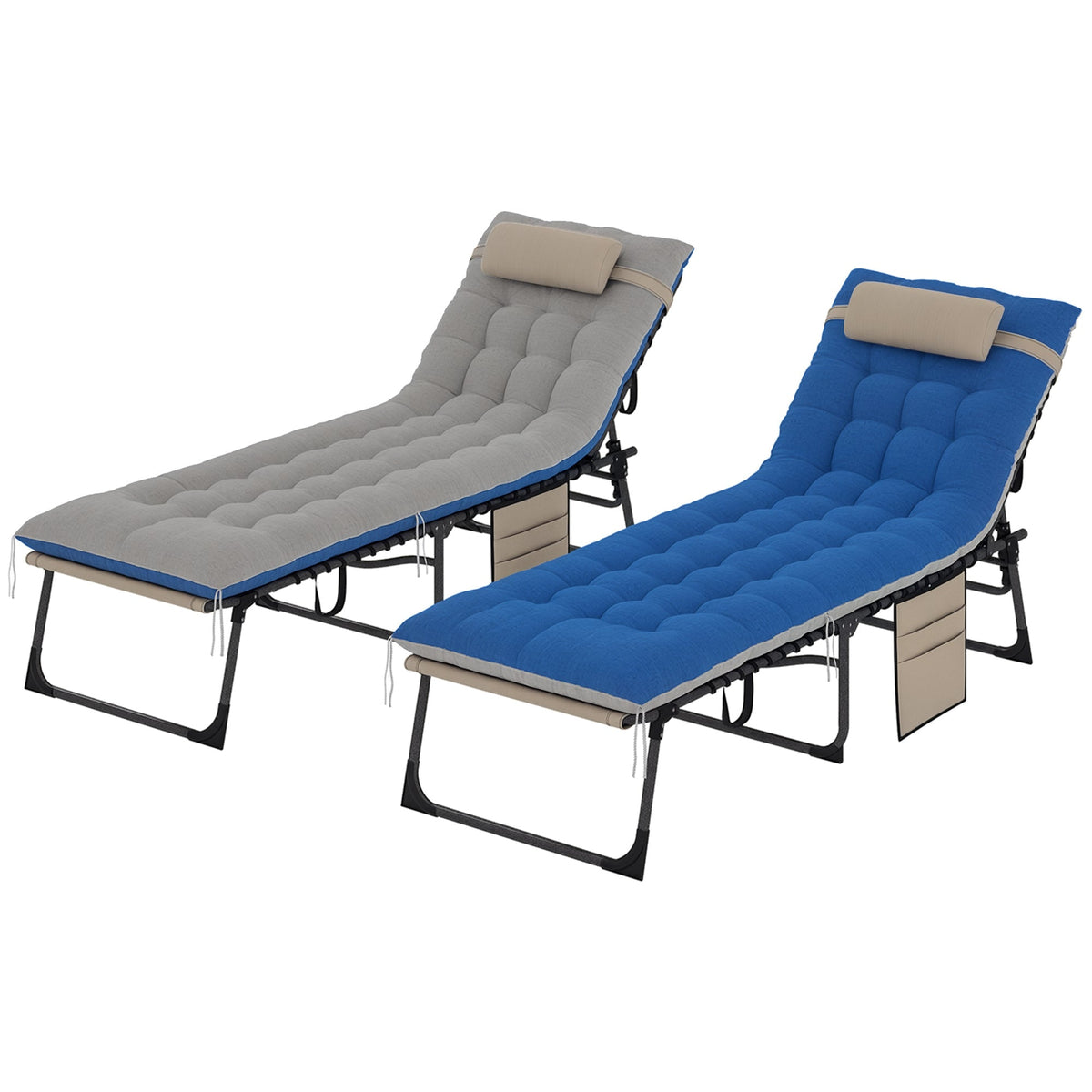 Set of 2 Folding Lounge Chairs with Cushion and Side Pocket, Brown/Blue — product view 1