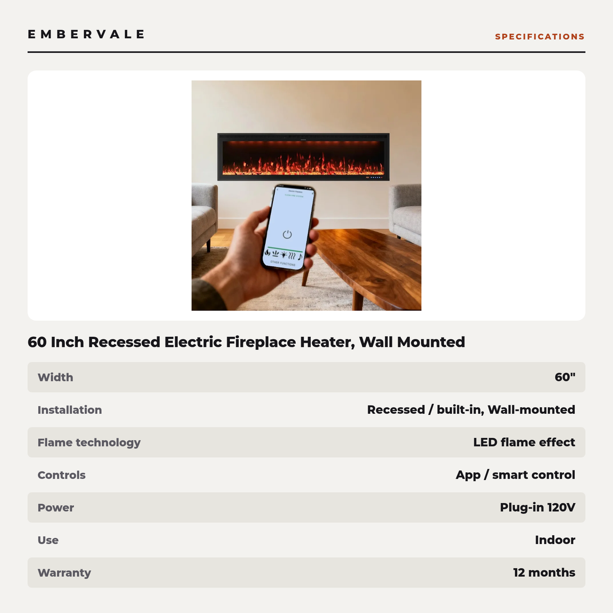 60 Inch Recessed Electric Fireplace Heater, Wall Mounted with WiFi App, Alexa & Google Home Voice Control — product view 3
