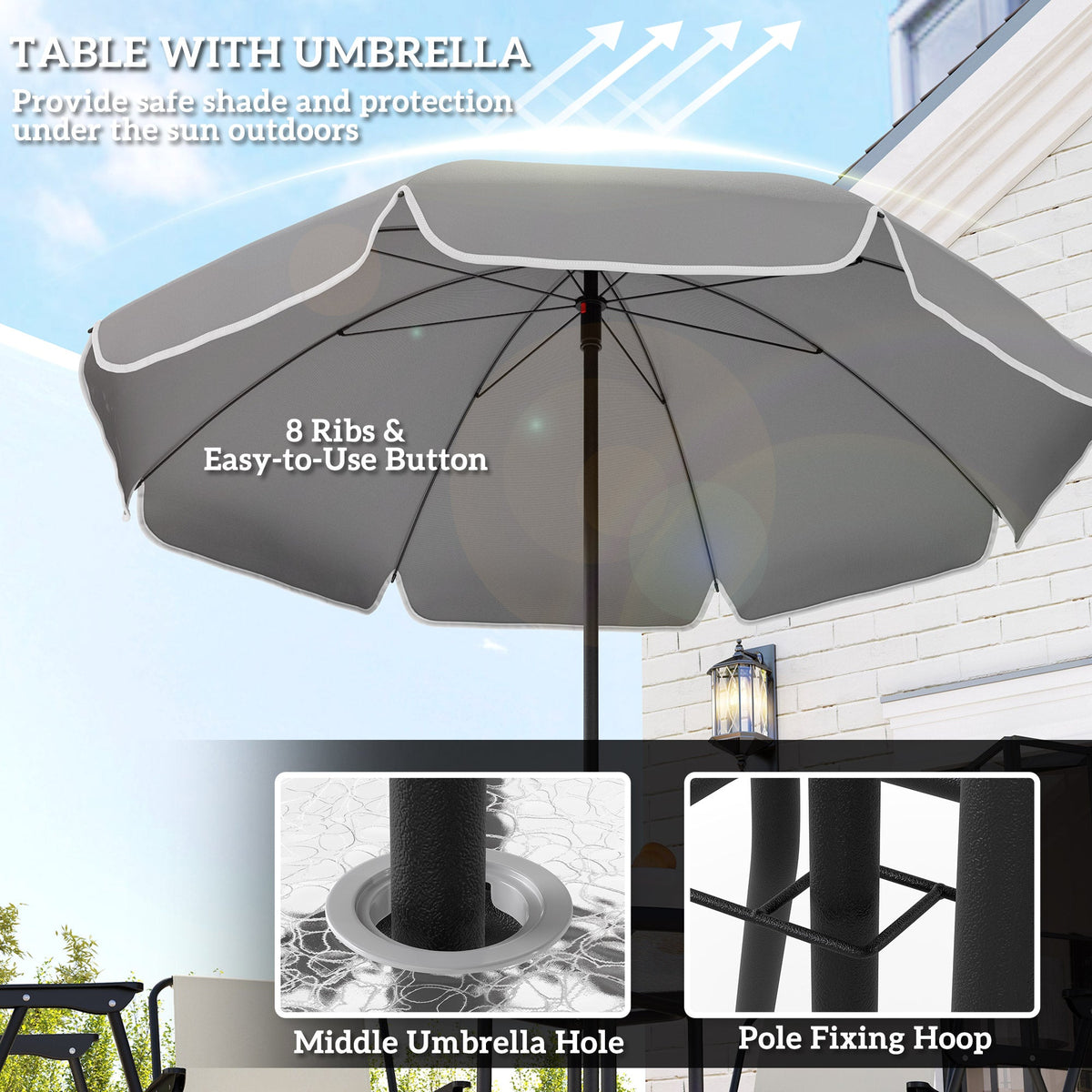 6 Piece Garden Dining Set with Parasol, Folding Chairs & Round Table, Cream White — product view 6