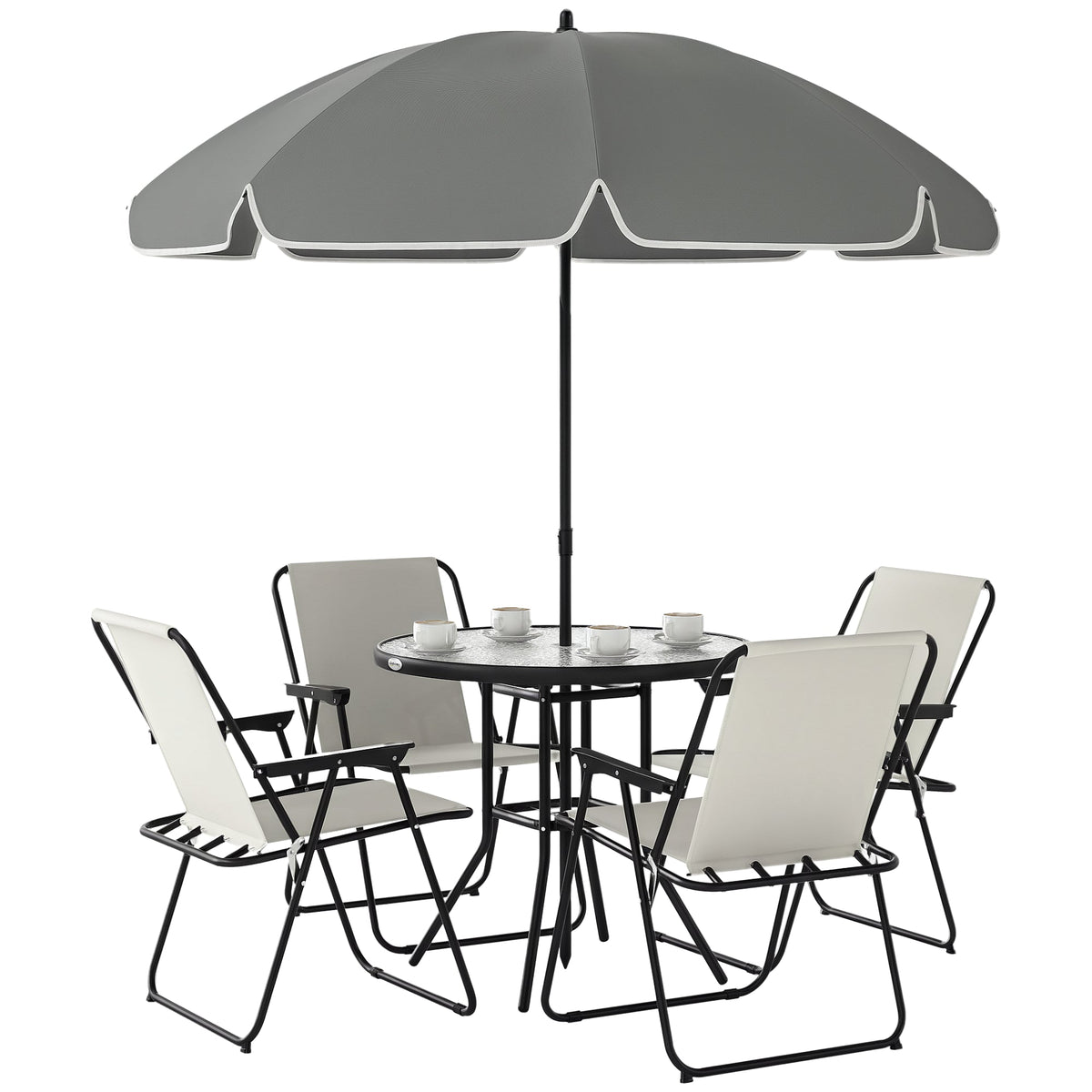 6 Piece Garden Dining Set with Parasol, Folding Chairs & Round Table, Cream White — product view 1