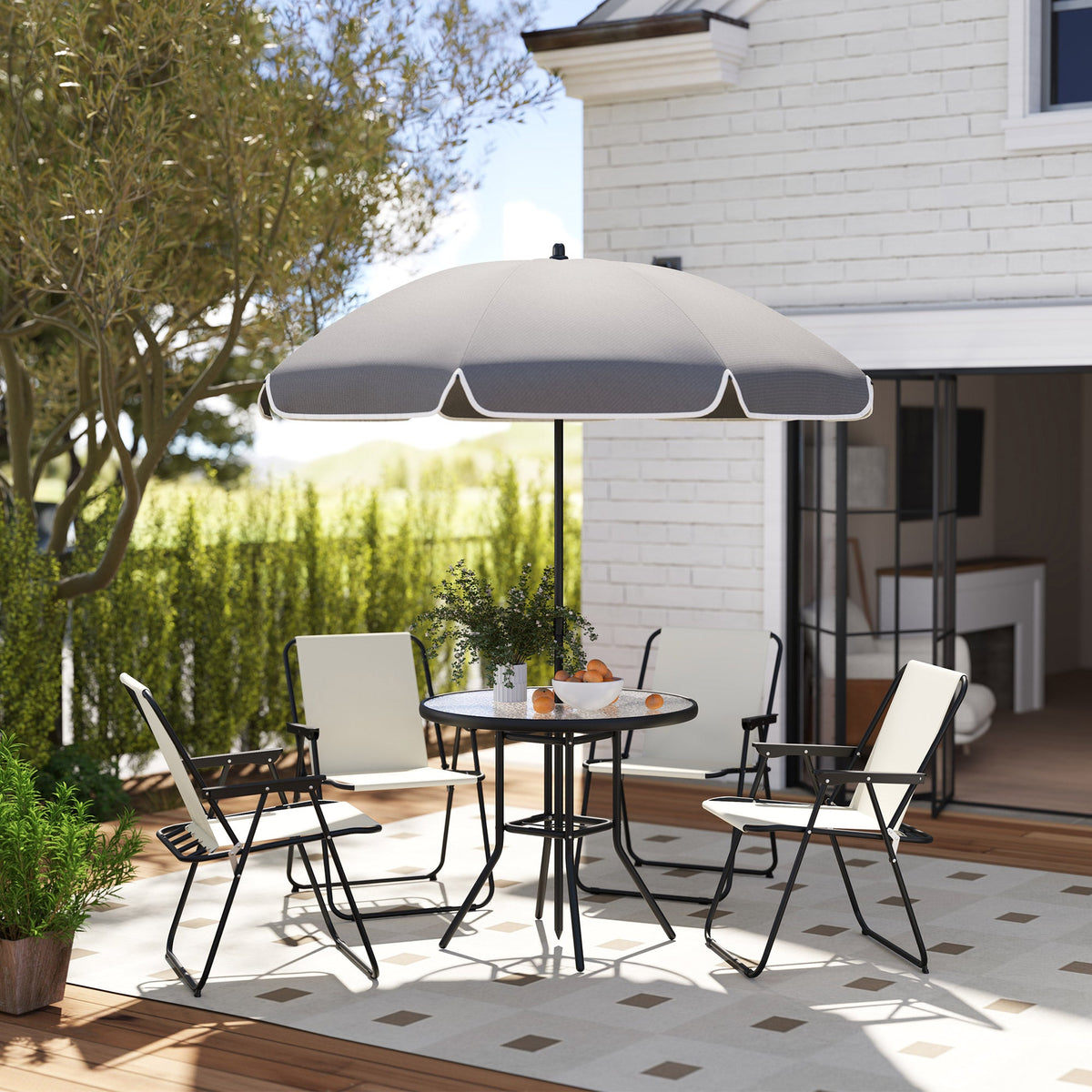 6 Piece Garden Dining Set with Parasol, Folding Chairs & Round Table, Cream White — product view 3