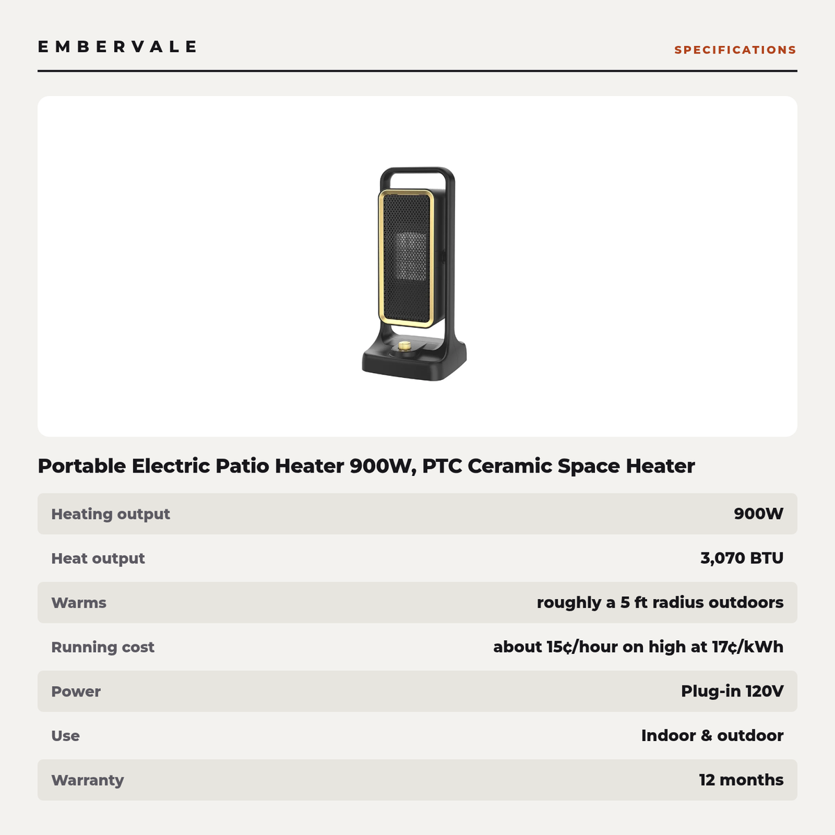 Portable Electric Patio Heater 900W, PTC Ceramic Space Heater with 2 Speeds for Indoor & Outdoor, Office & Balcony — product view 3