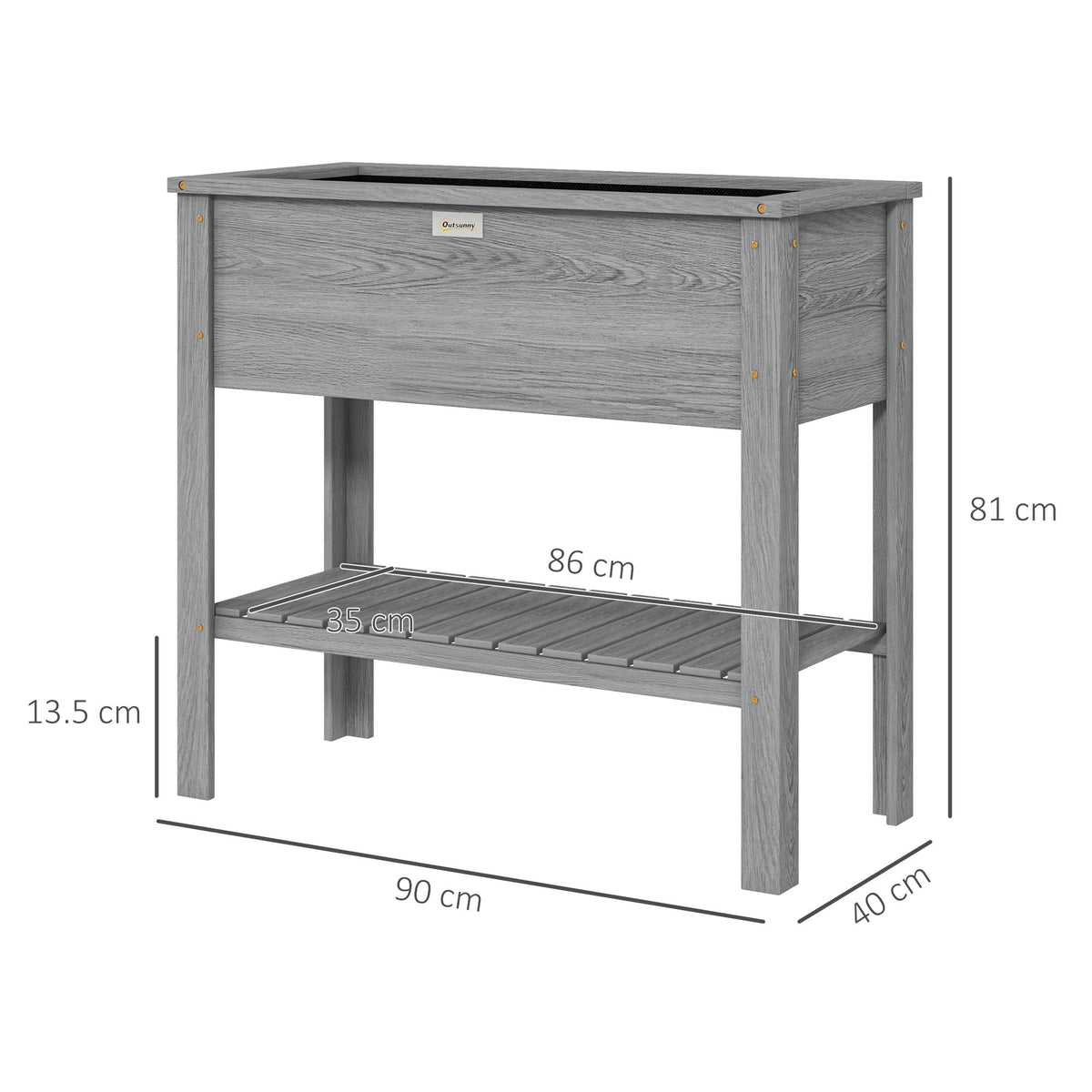 Wooden Raised Garden Bed with Storage Shelf and Drainage Holes, Grey — product view 5