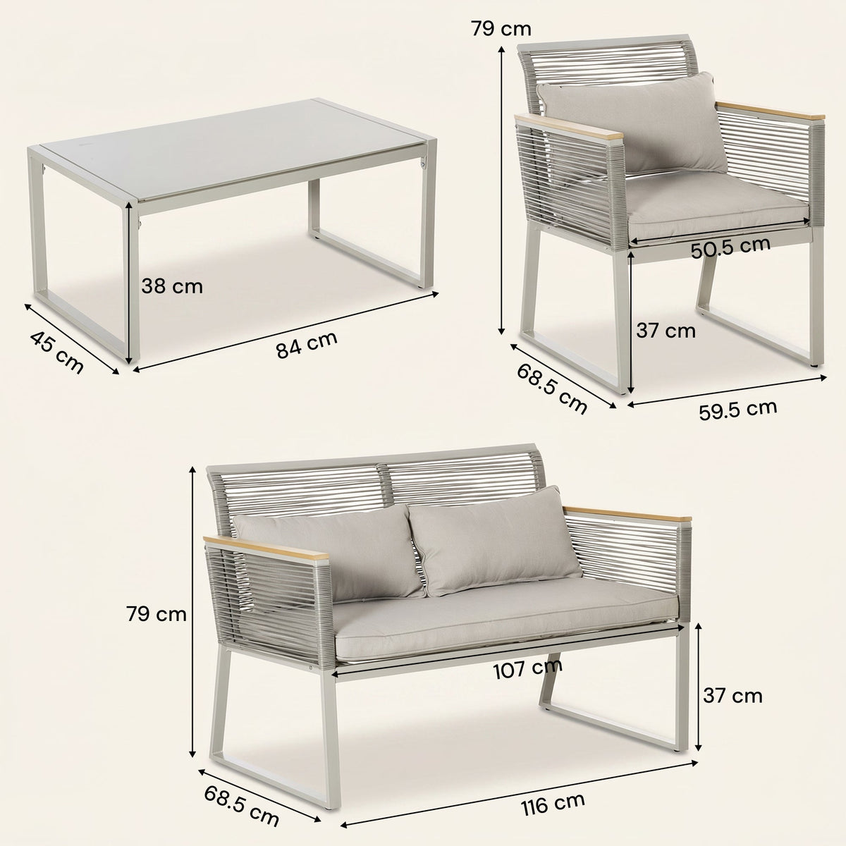 ARVOYA 4 Piece Rattan Garden Furniture Set with Cushions & Glass Top Table, Grey — product view 7