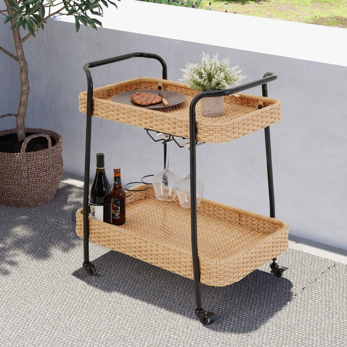 LOUNGE YARD Outdoor & Indoor PE Wicker Steel 2-Tier Rolling Bar Beverage Cart Vaxjo Natural Color — product view 3