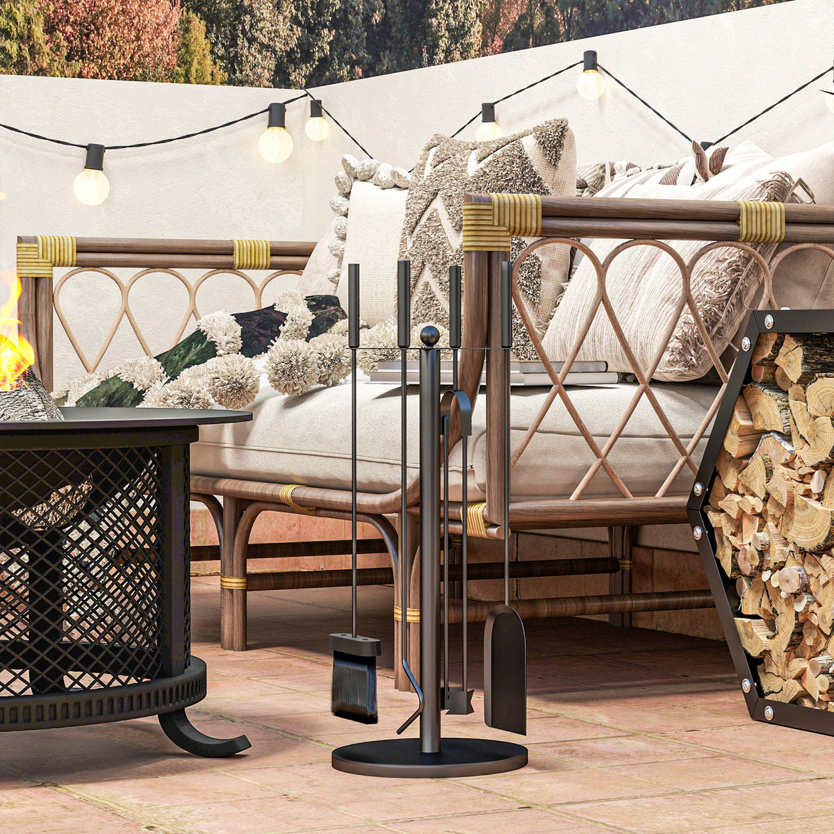 5-Piece Metal Fireplace Tool Set with Stand, Brush, Shovel, Poker & Tongs, Black — product view 3