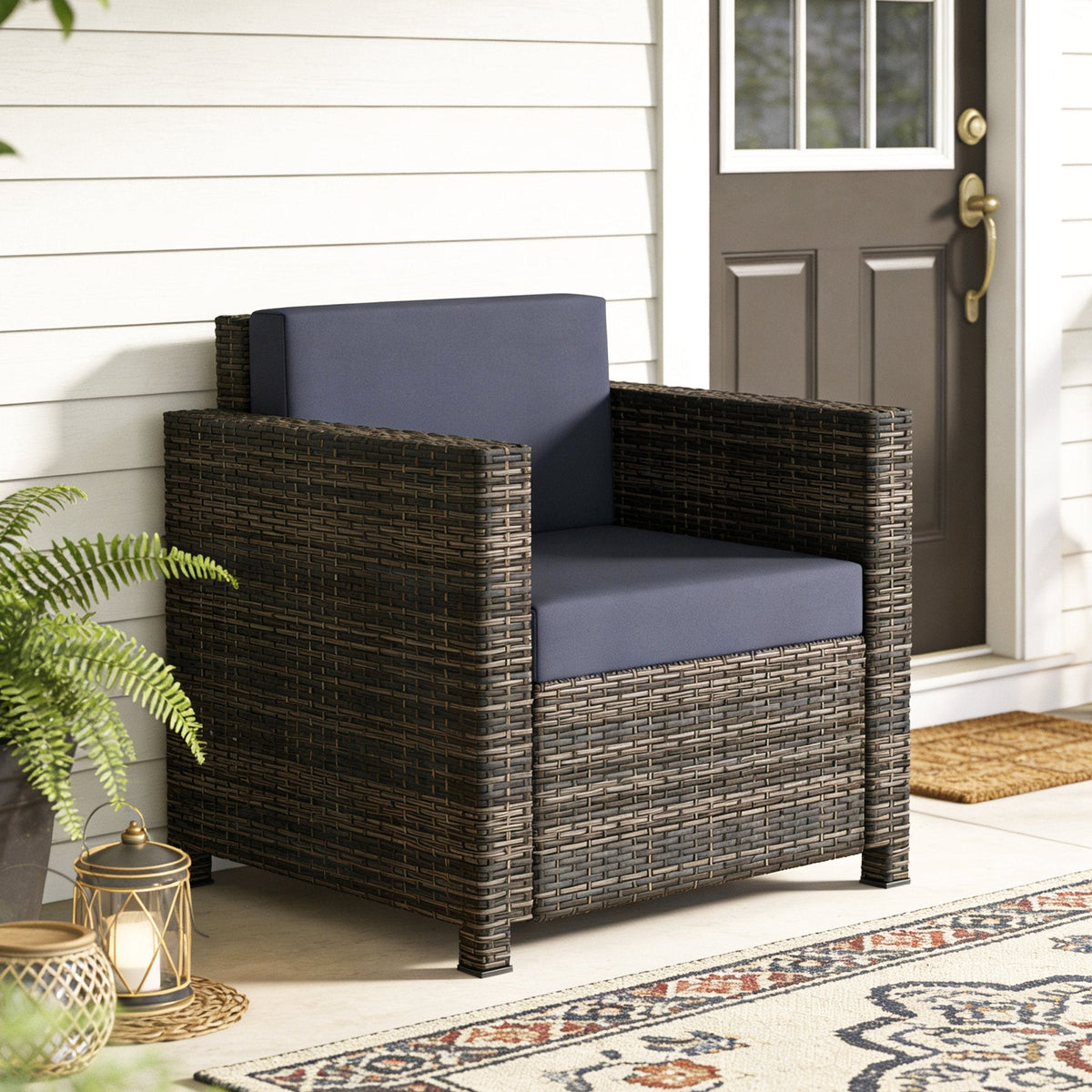 Single Rattan Garden Armchair with 10 cm Cushion & Armrests, Mixed Brown/Navy Blue — product view 4