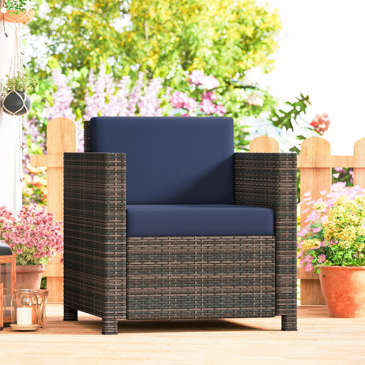 Single Rattan Garden Armchair with 10 cm Cushion & Armrests, Mixed Brown/Navy Blue — product view 3