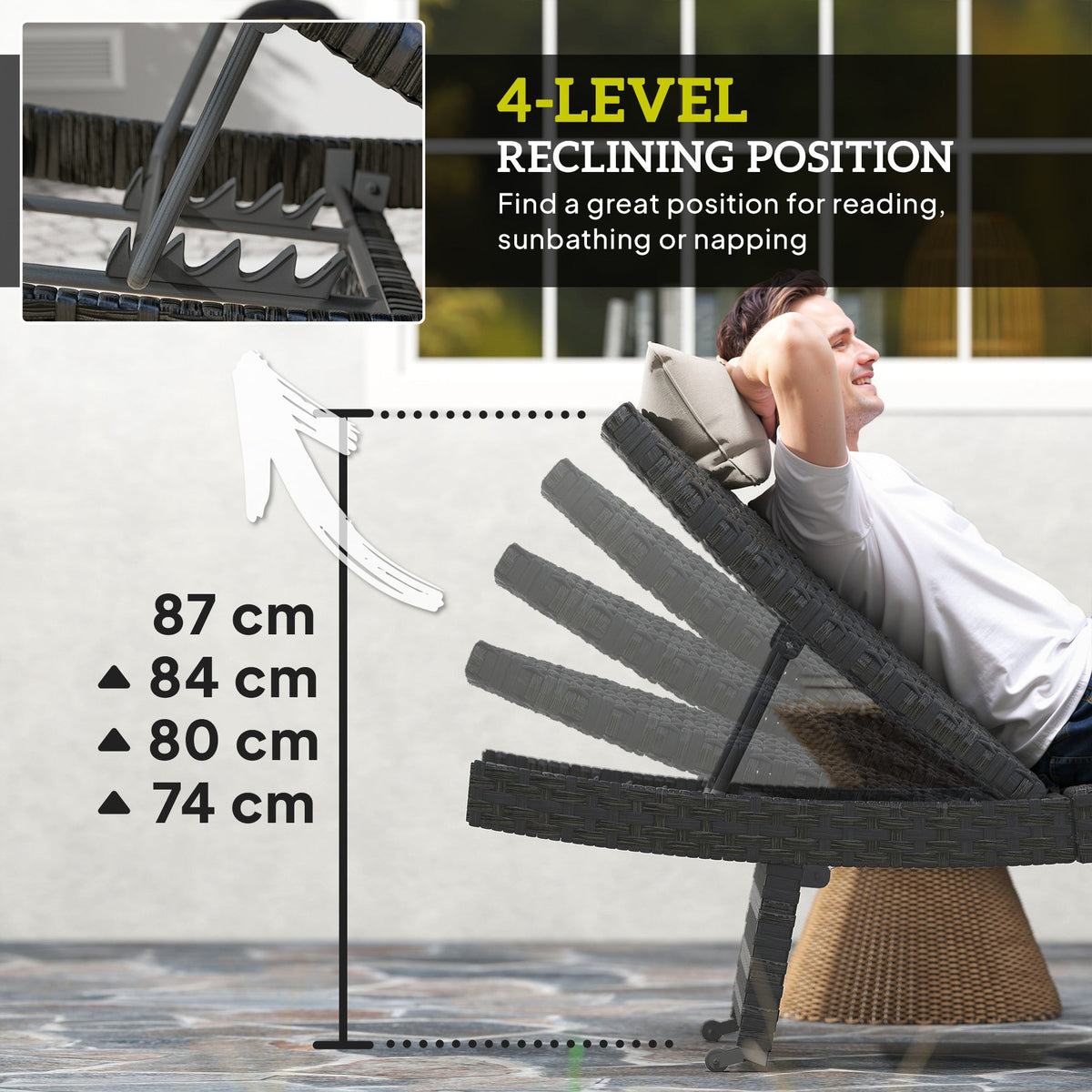 Folding PE Rattan Sun Lounger with Wheels & Adjustable Backrest, Black — product view 7