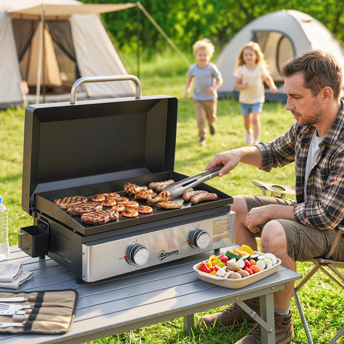 2-Burner Portable 6 kW Gas Plancha Tabletop Griddle with Grease Cup for Camping, Black — product view 4