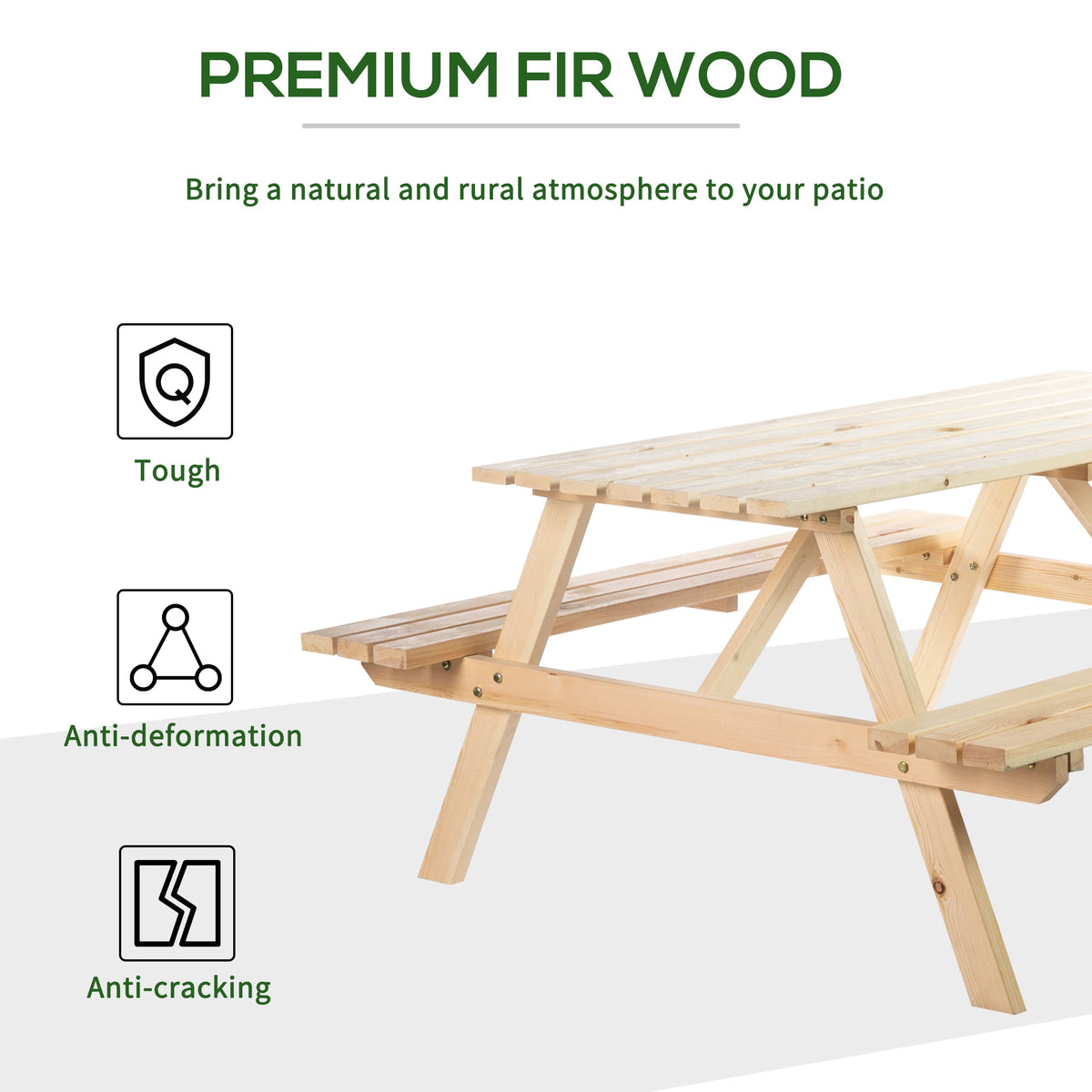 150 cm 6 Seater Wooden Picnic Table Bench with Parasol Hole, Natural Wood — product view 7