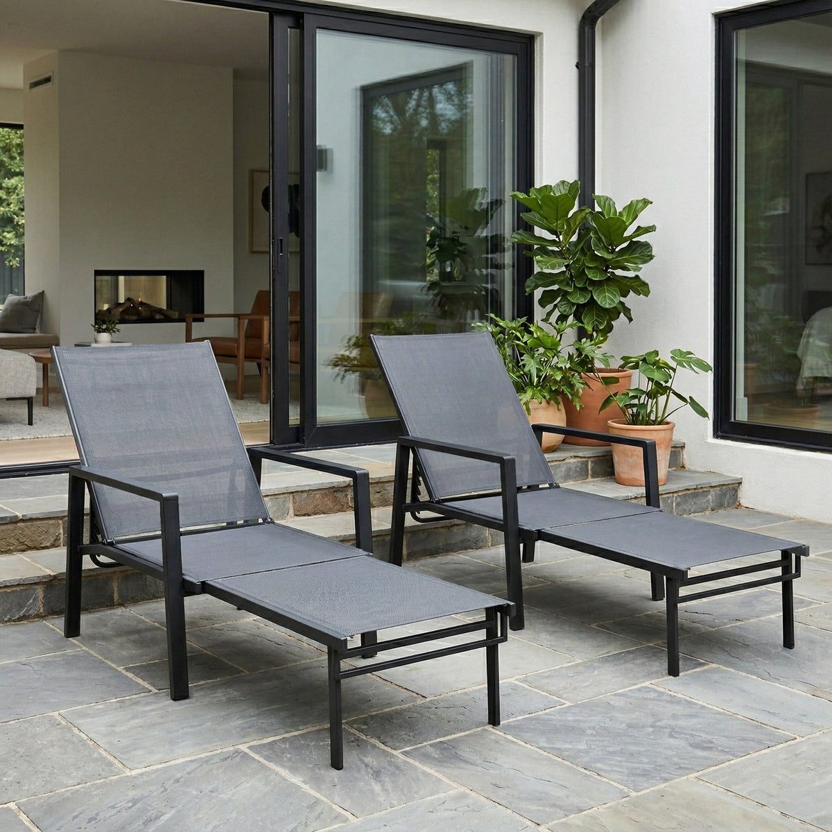 Set of 2 Sun Loungers, 5-Position Recline with Retractable Footrests, Dark Grey — product view 3