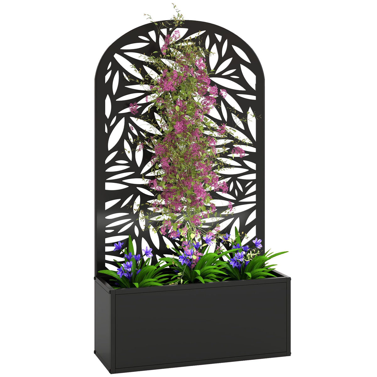 Metal Raised Garden Bed with Curved Trellis Panel, Leaves Cut-Out — product view 1