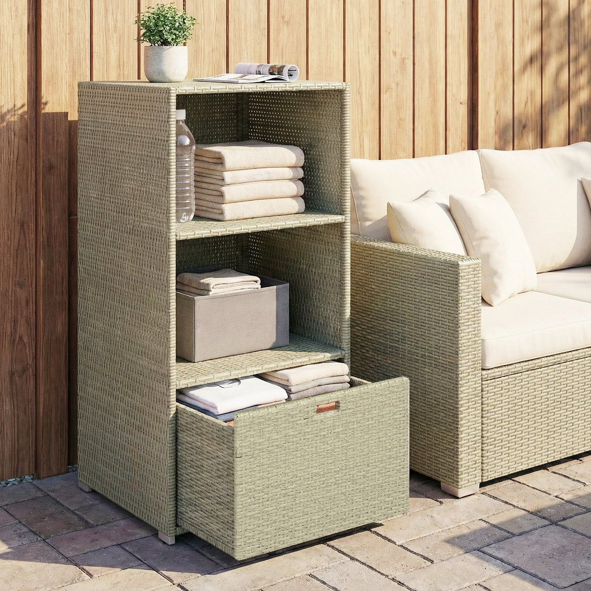 Pool Towel Rack with 2 Shelves and Basket Drawer, PE Rattan, Gradient Gray — product view 4