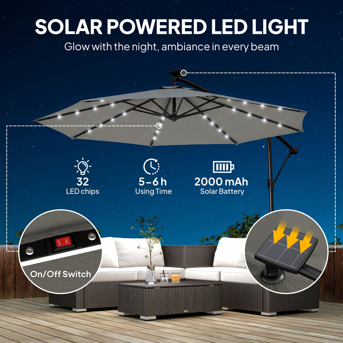 9.7 ft Cantilever Patio Umbrella with Solar LED Light and Cover, Grey — product view 6