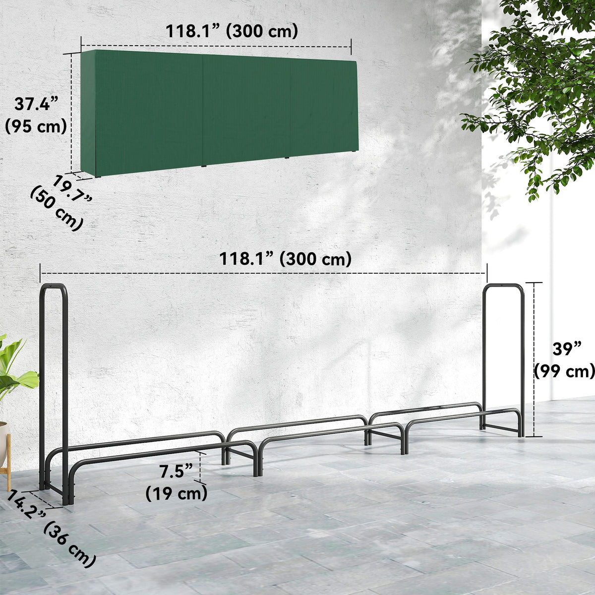 10 ft Heavy Duty Firewood Rack with Waterproof Cover & Steel Chains, Dark Green — product view 5