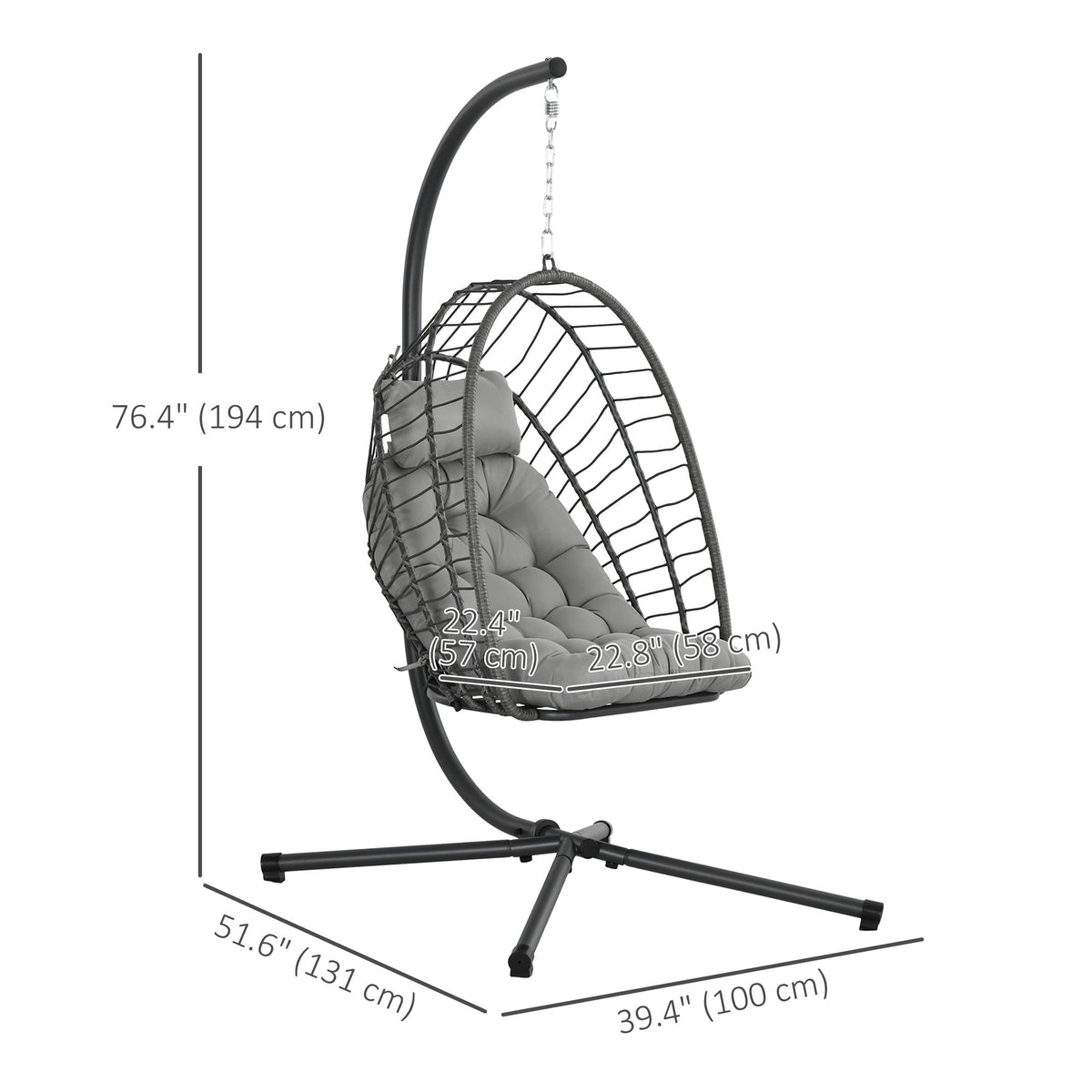 Rattan Hanging Egg Chair with Metal Stand, Foldable Basket & Cushion, Light Grey — product view 5