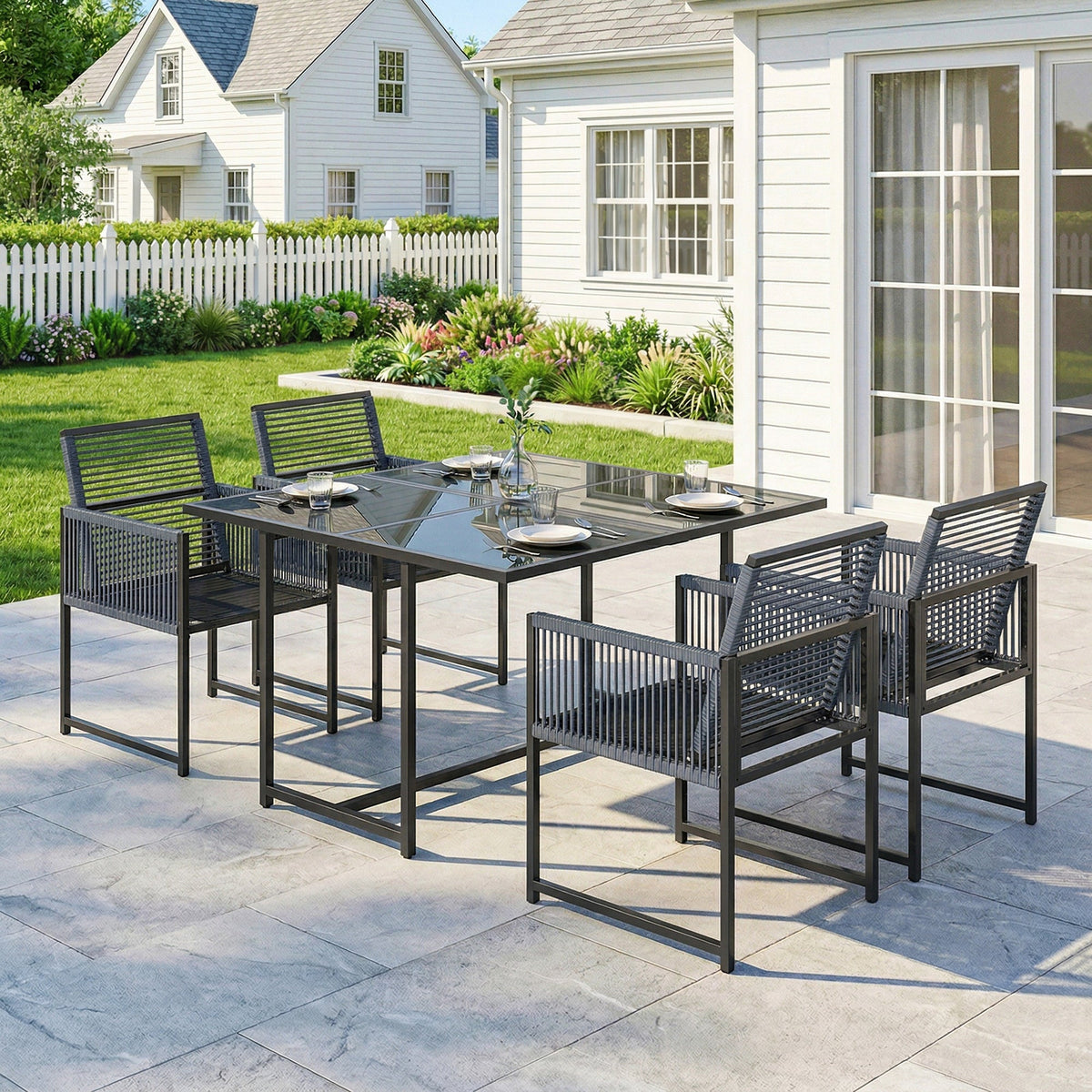5-Piece Dark Grey Rattan Dining Set with Tempered Glass Top & Foldable Chairs — product view 3