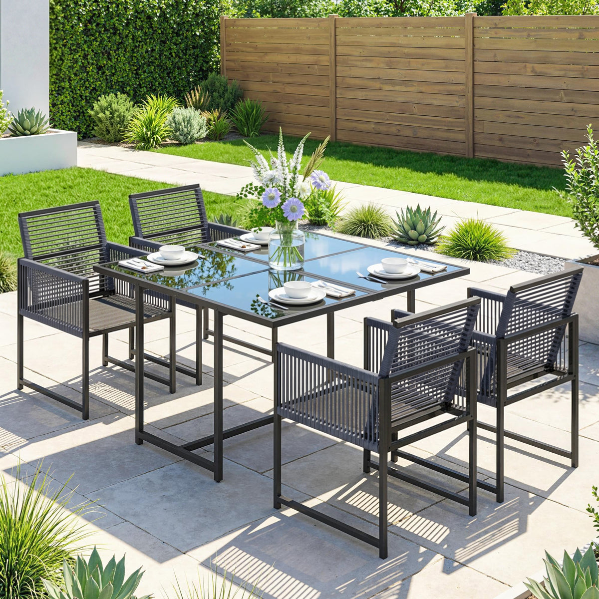 5-Piece Dark Grey Rattan Dining Set with Tempered Glass Top & Foldable Chairs — product view 4