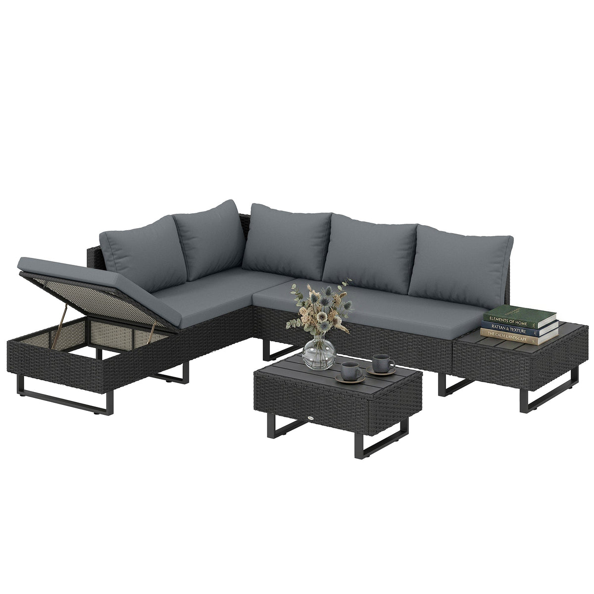 5-Seat L-Shaped Rattan Sofa Set with Adjustable Back, Cushions & Table Dark Grey — product view 1