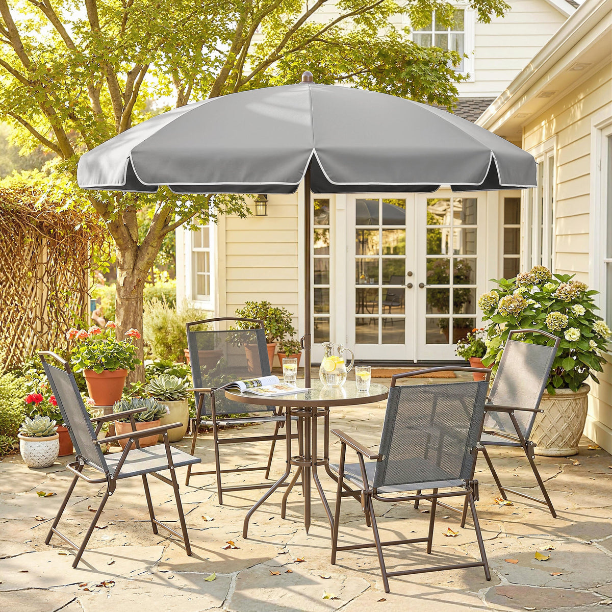 6 Piece Garden Dining Set with Umbrella and Folding Chairs, Dark Grey — product view 4