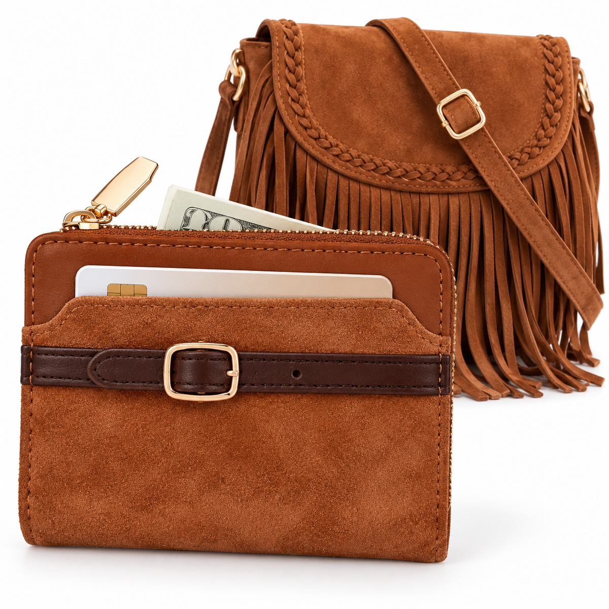 Compact Suede Bifold Wallet with Buckle Accent and Zip Coin Pocket LoungeYard — product view 1