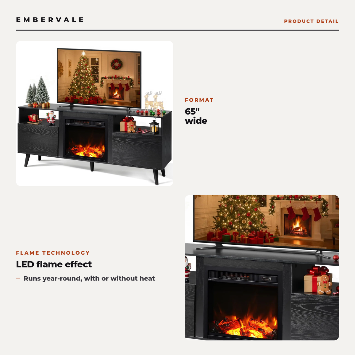65 Inch Electric Fireplace TV Stand, Modern Media Console Entertainment Center for Living Rooms — product view 2