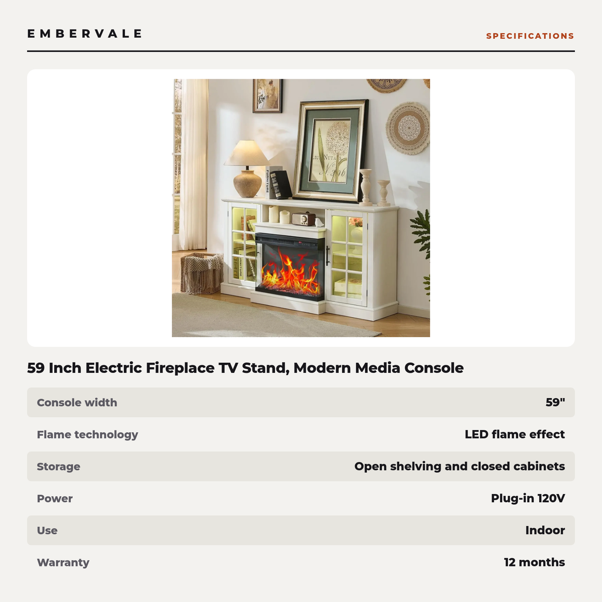 59 Inch Electric Fireplace TV Stand, Modern Media Console Entertainment Center, Storage Cabinets for Living Rooms — product view 3