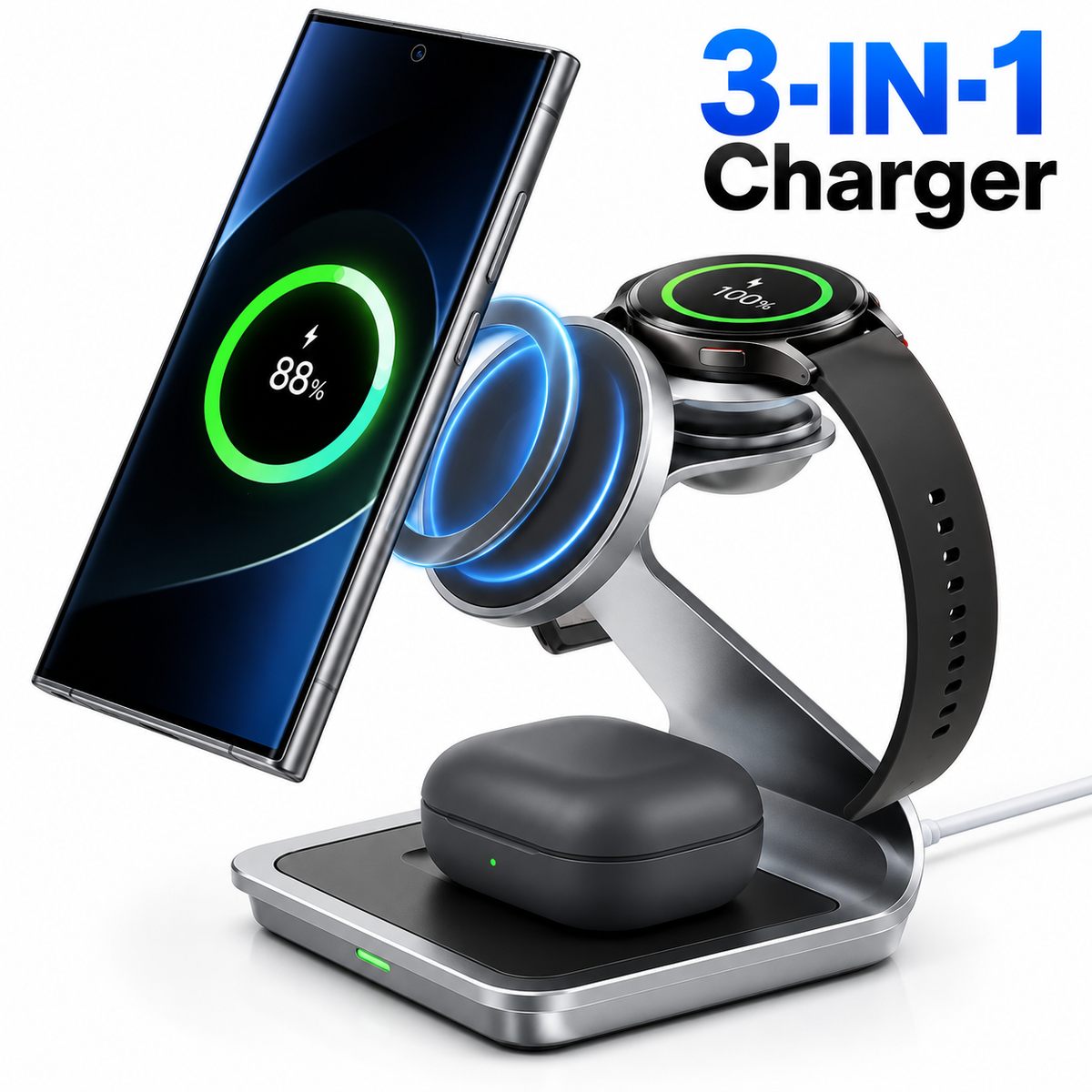 Three-way Magnetic Wireless Charging Stand with Foldable Watch Dock and Earbuds Pad LoungeYard — product view 1