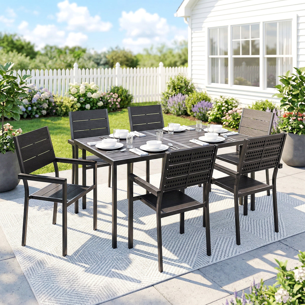 7-Piece Outdoor Dining Set with Slatted Tabletop and Metal Frame for 6, Black — product view 3