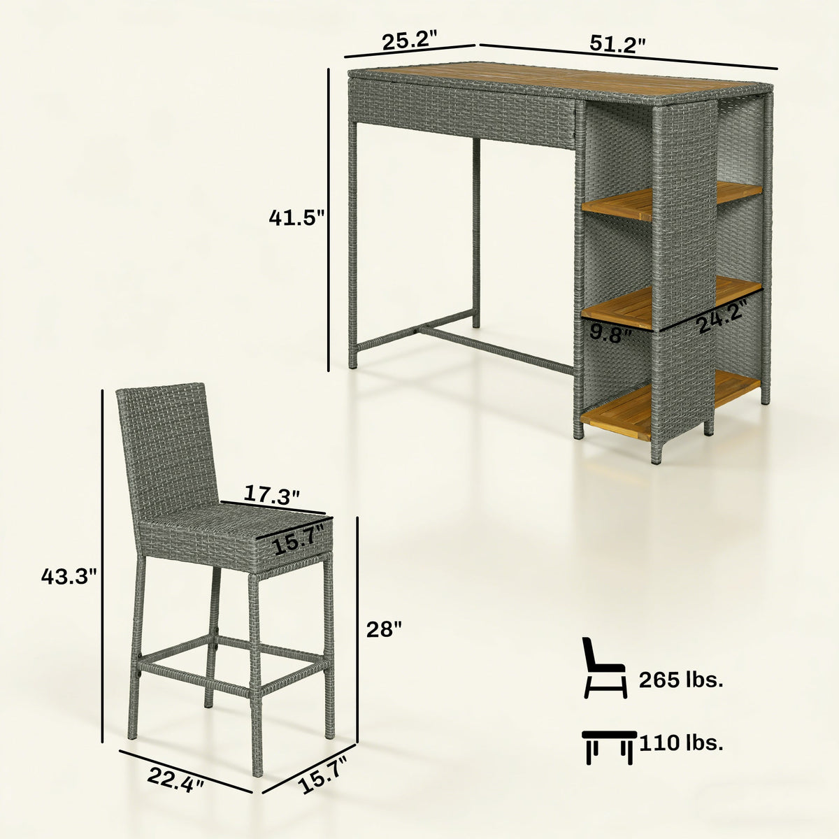 5 Piece Outdoor Bar Set with Storage Table and Cushions, Gray — product view 5