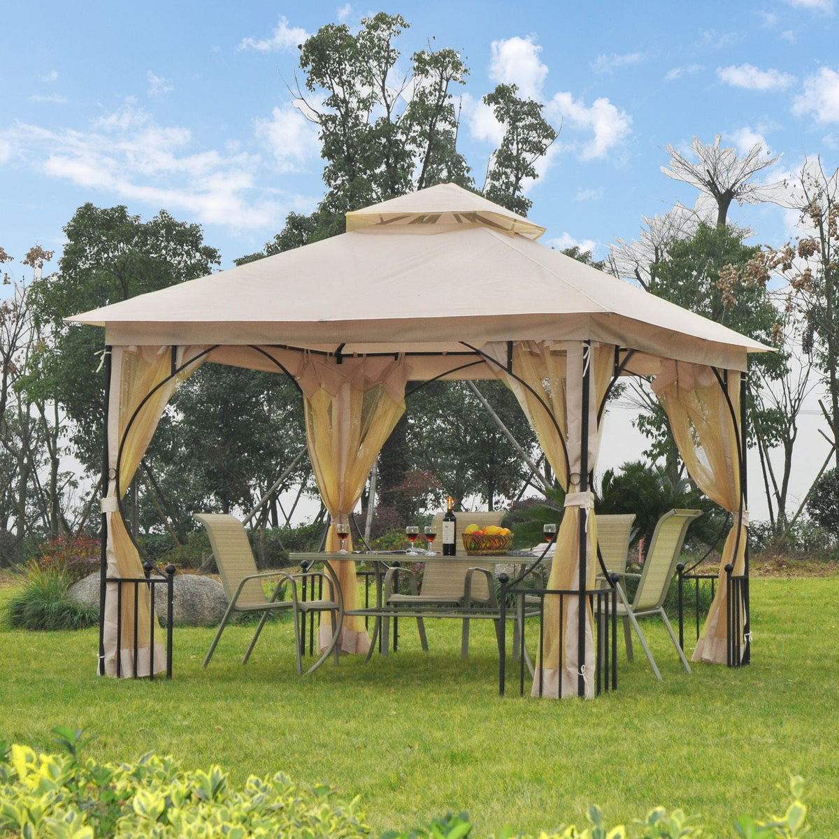3 x 3m Garden Gazebo with Double Tier Roof & Netting, Beige — product view 3