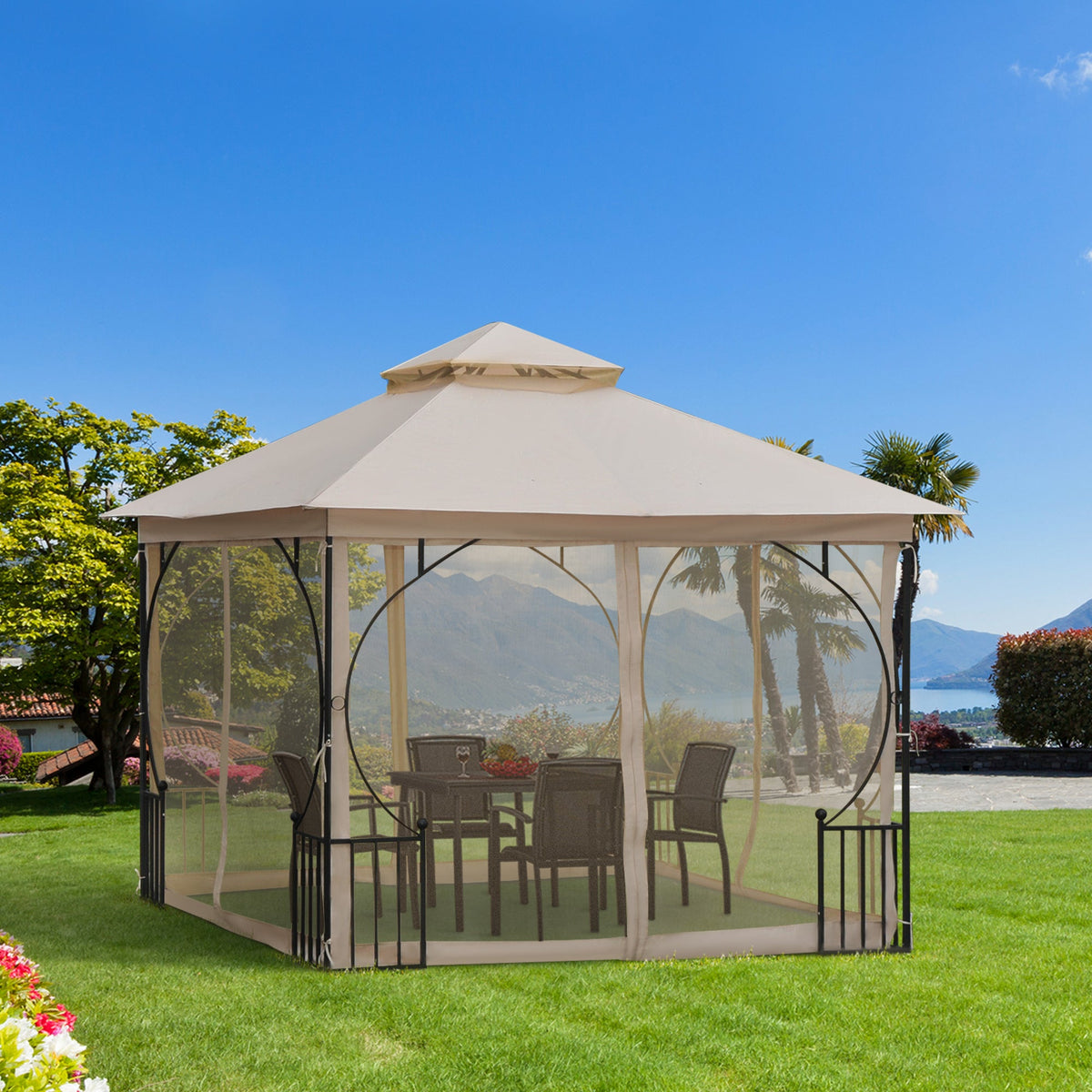 3 x 3m Garden Gazebo with Double Tier Roof & Netting, Beige — product view 4
