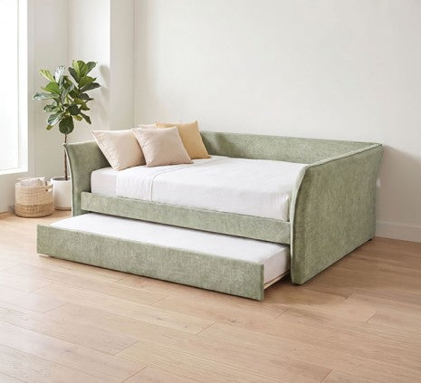Yuri Light Green Fabric Textured Full Day Bed with Trundle and Flared Arms – FM1203GR-F — product view 1