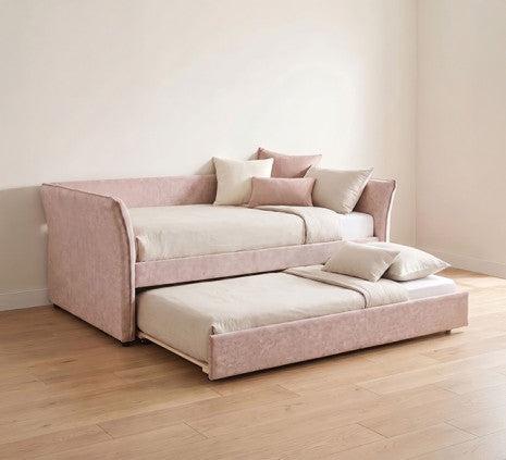 Yuri Pink Fabric Textured Full Day Bed with Trundle and Flared Arms – FM1203PK-F — product view 1