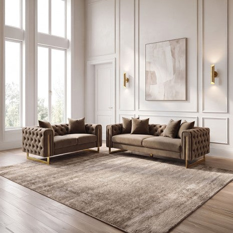 Avara Warm Mink Brown Fabric Gold Trim Sofa and Love Seat Set with Tufted Backs – FM67015SKBR-2PC — product view 1