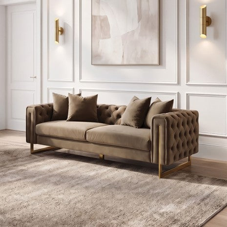 Avara Warm Mink Brown Fabric Gold Trim Sofa and Love Seat Set with Tufted Backs – FM67015SKBR-2PC — product view 2